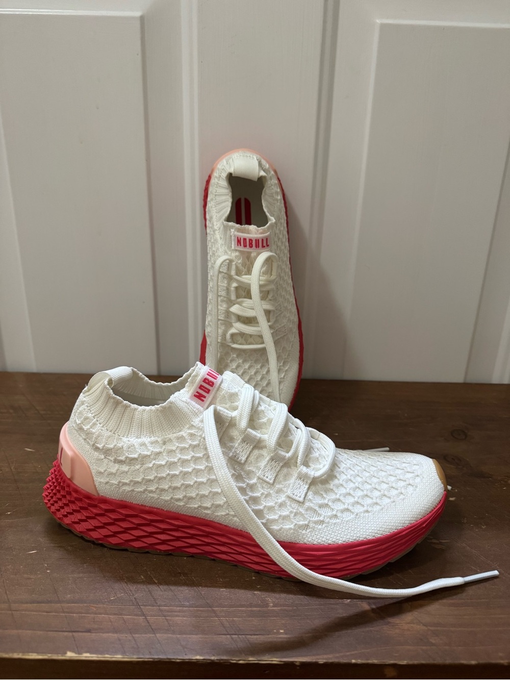 NOBULL Women’s Knit Trainer in White and Pink-Red Size 7.5